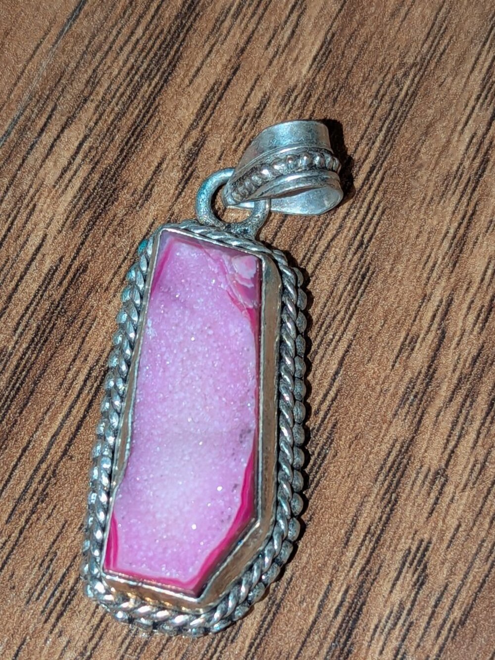 Large abstract shape (almost coffin) pink druzy quartz in sterling dramatic